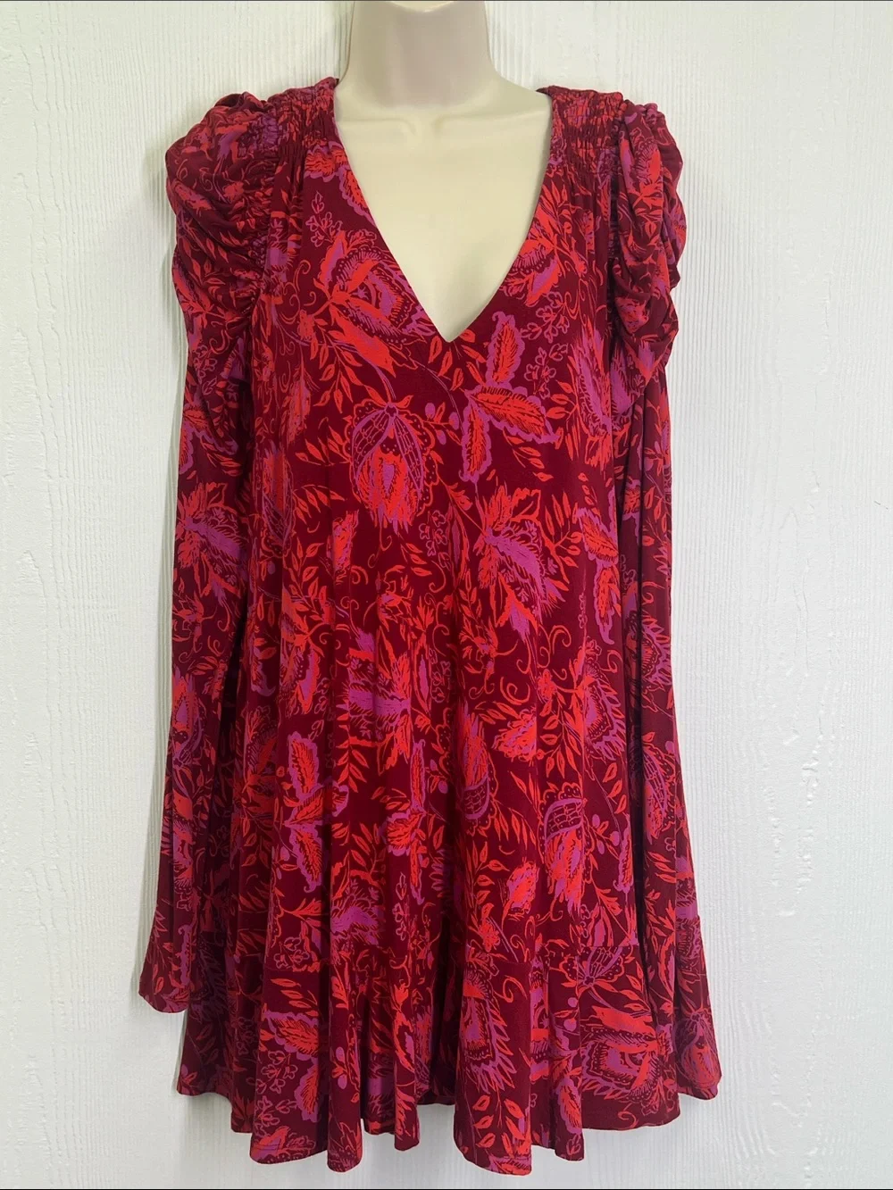 Free People - Hello Lover Red Floral V Neck Puff Long Sleeve Blouse Size Small